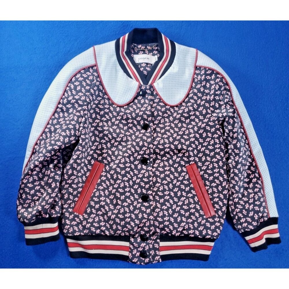 Coach Navy and Pink Floral Quilted Bomber Jacket